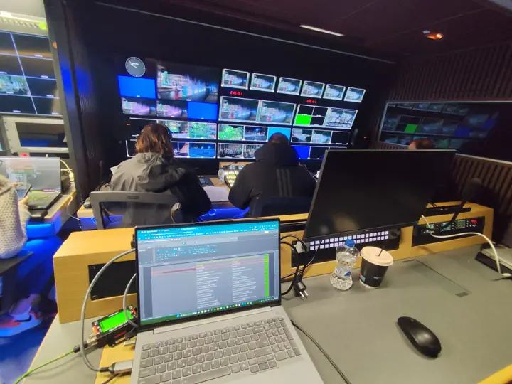 The cue list in the control room, the stage on the monitors.