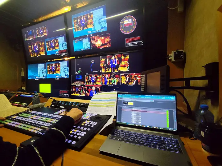 The cue list beside a vision mixer.