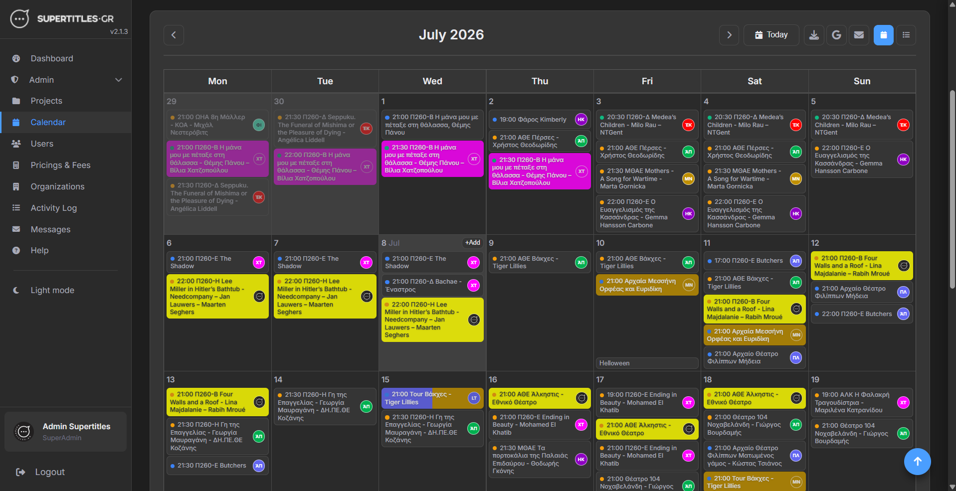 Calendar of the production